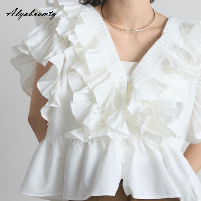 Korean Style Summer Women Stylish Blouse V Neck White Black Layered Ruffles Fashion Shirt Flying Sleeve Feminine Top