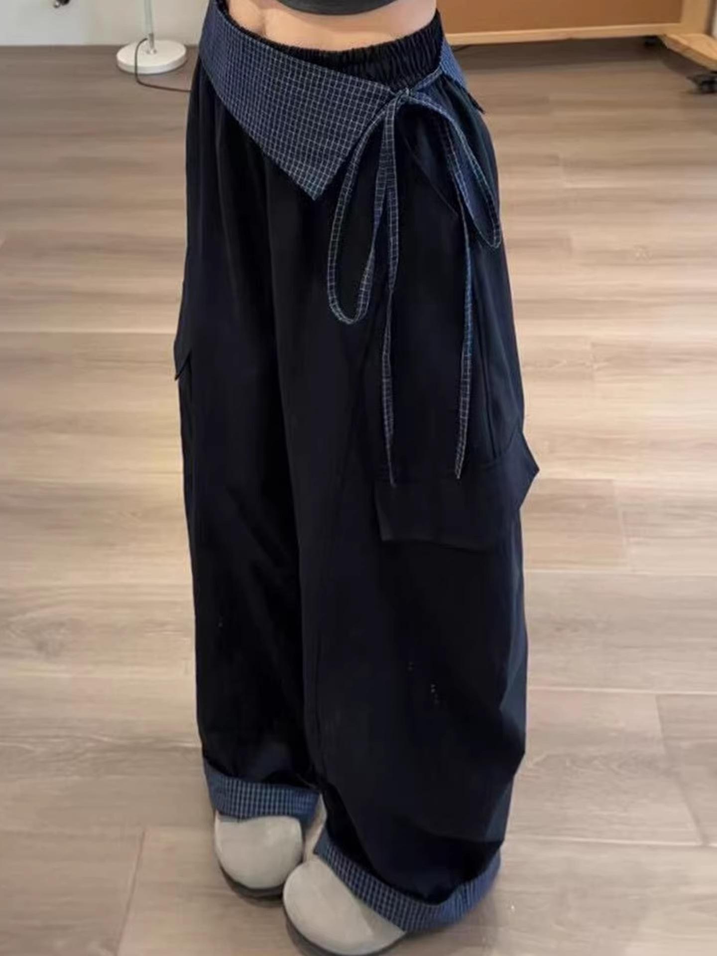 Plus Size Women s Navy Korean Style Plaid Patchwork Elastic Waist Cargo Pants XXXL