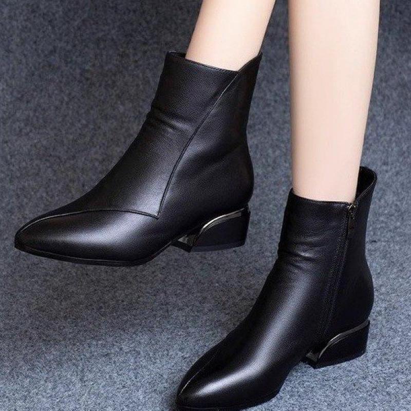 New Women'S Chunky Heel Ankle Boots - Pointed Toe Black Side Zip Low Heel Mom Shoes Autumn Winter Non-Slip Booties