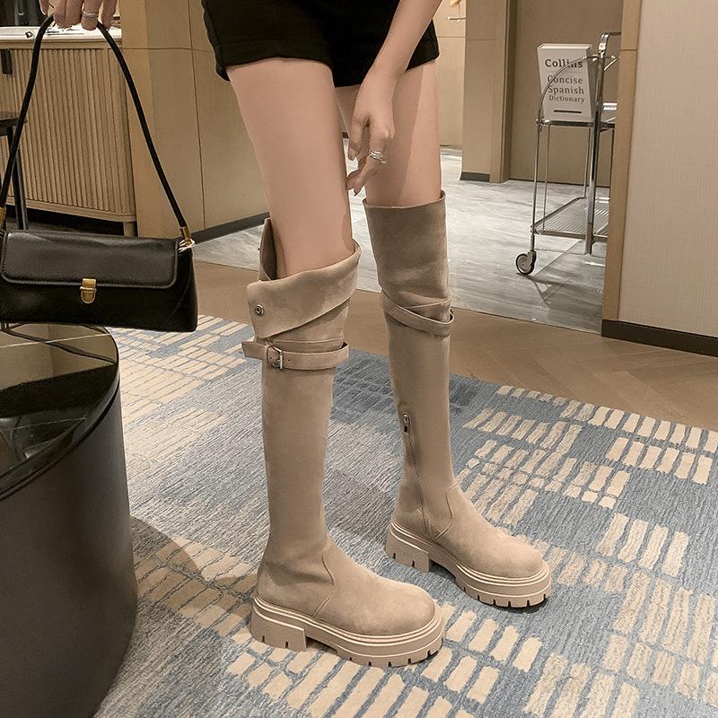 Lapel two wear autumn and winter new knee boots women's snow boots fleece thickened large tube circumference to keep warm