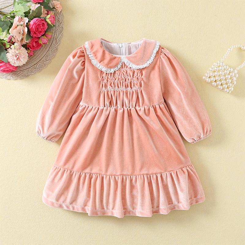 Girls Velvet Long Sleeve Dress Hand Smocked Princess Gown For Toddler And Little Kids Autumn Winter Baby Party Dress 80cm розовый