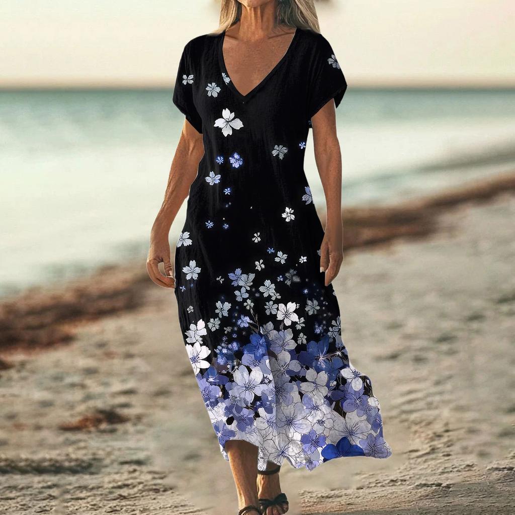 Fashion Women's Summer V-neck Short Sleeve Cotton And Linen Vintage Floral Print Beach Dress