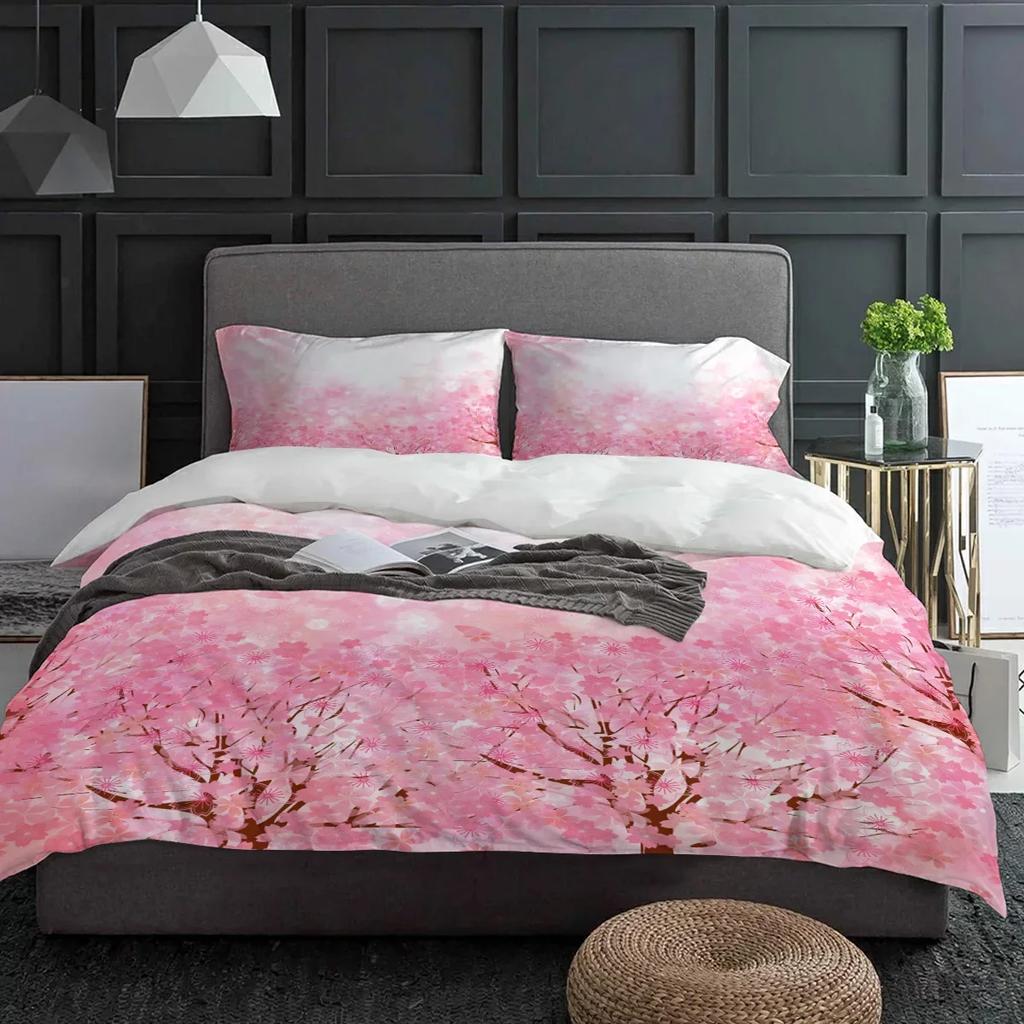 Set da letto rosa con fiori di ciliegio in stile giapponese 3 pezzi Copripiumino Federa Bambini Adulti Copripiumino Set Letto Matrimoniale Tessile per la casa