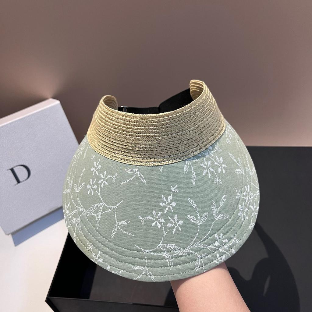 Beach Straw Woven Sunshade Hat Rhinestone Embroidered Sun Hat Fashionable Leisure Vacation Foldable Women's Empty Top Hat