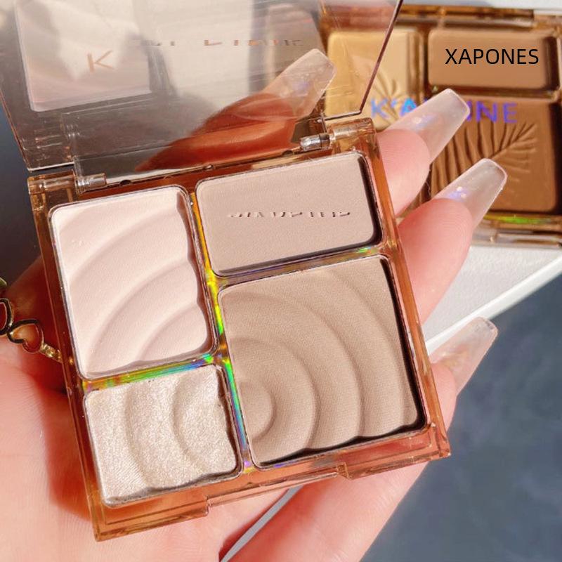 Four-Color Contour & Highlight Palette: Pearlescent Matte, Brightening Glitter, Natural 3D Finish.