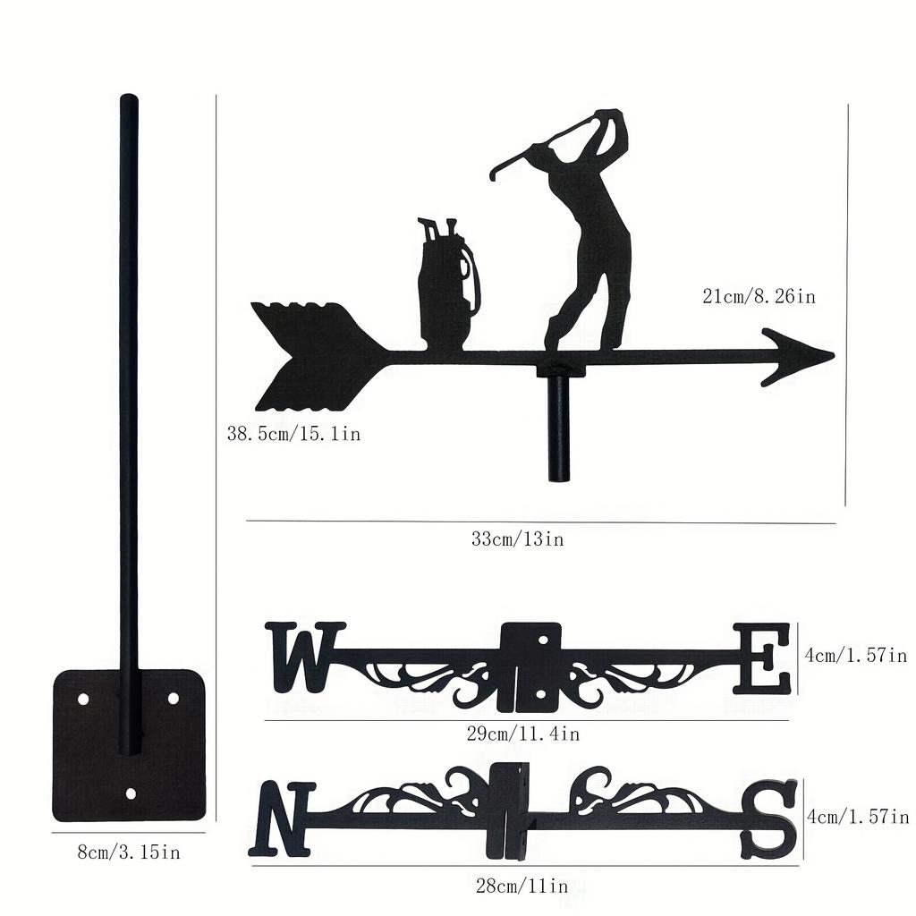 1pc Retro Black Metal Roof Golf Weathervane Wind Direction Indicator Outdoor Garden Lawn Patio Home Halloween Christmas New Year Gift