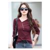 Spring Autumn V-neck Solid Color T-shirt Women Long Sleeve Chic Buttons Pullover Top Female Slim Bottomed Tee