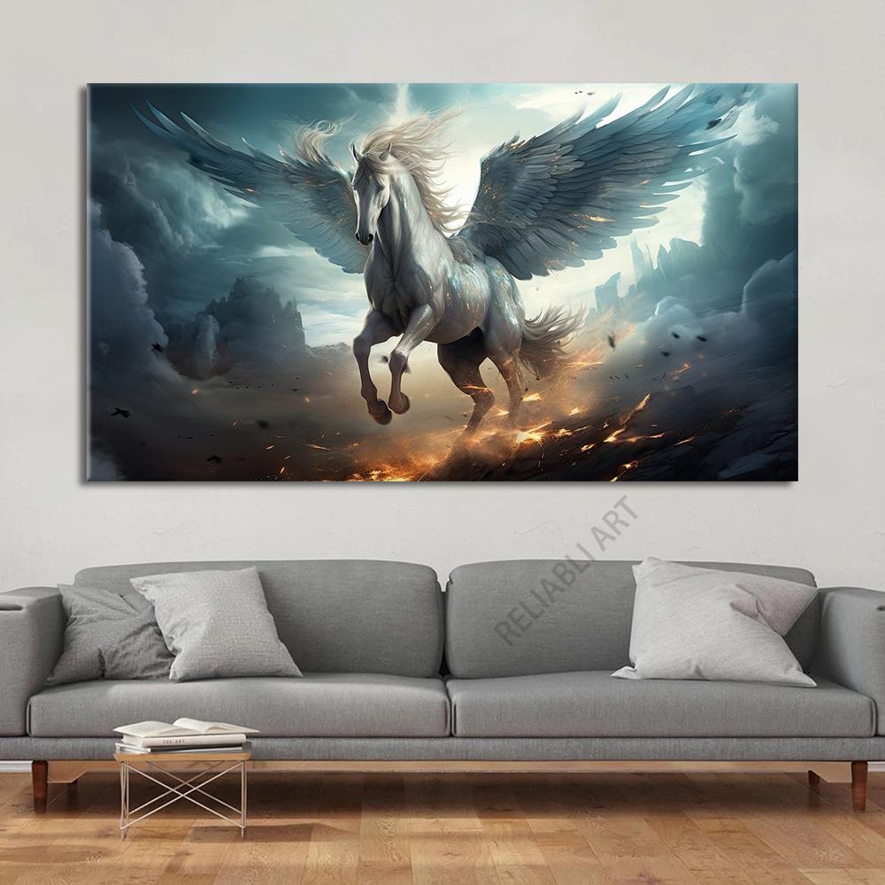 Abstract Horse Pegasus with White Wings Flying Horse lightnings Canvas Painting Magic Horses Posters Prints Living Room Decor