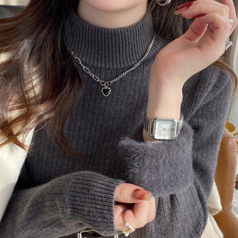 

Женский зимний флисовый утолщенный свитер, осенне-зимний, роскошный, с полувысоким воротником, базовый вязаный топ One Size темно-серого