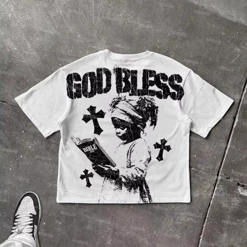 God Bless Children's Prayer Graphic Print Cotton T-shirt Men Women High Quality Tops Vintage Style T Shirt Outside
