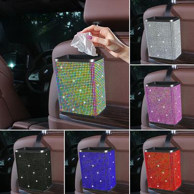 Botes de Basura para Coche con Pedrería, Contenedores de Almacenamiento de Plástico con Diamantes de Color, Caja de Almacenamiento Trasera, Recogedor de Basura, Accesorios Colgantes Bling para Coche