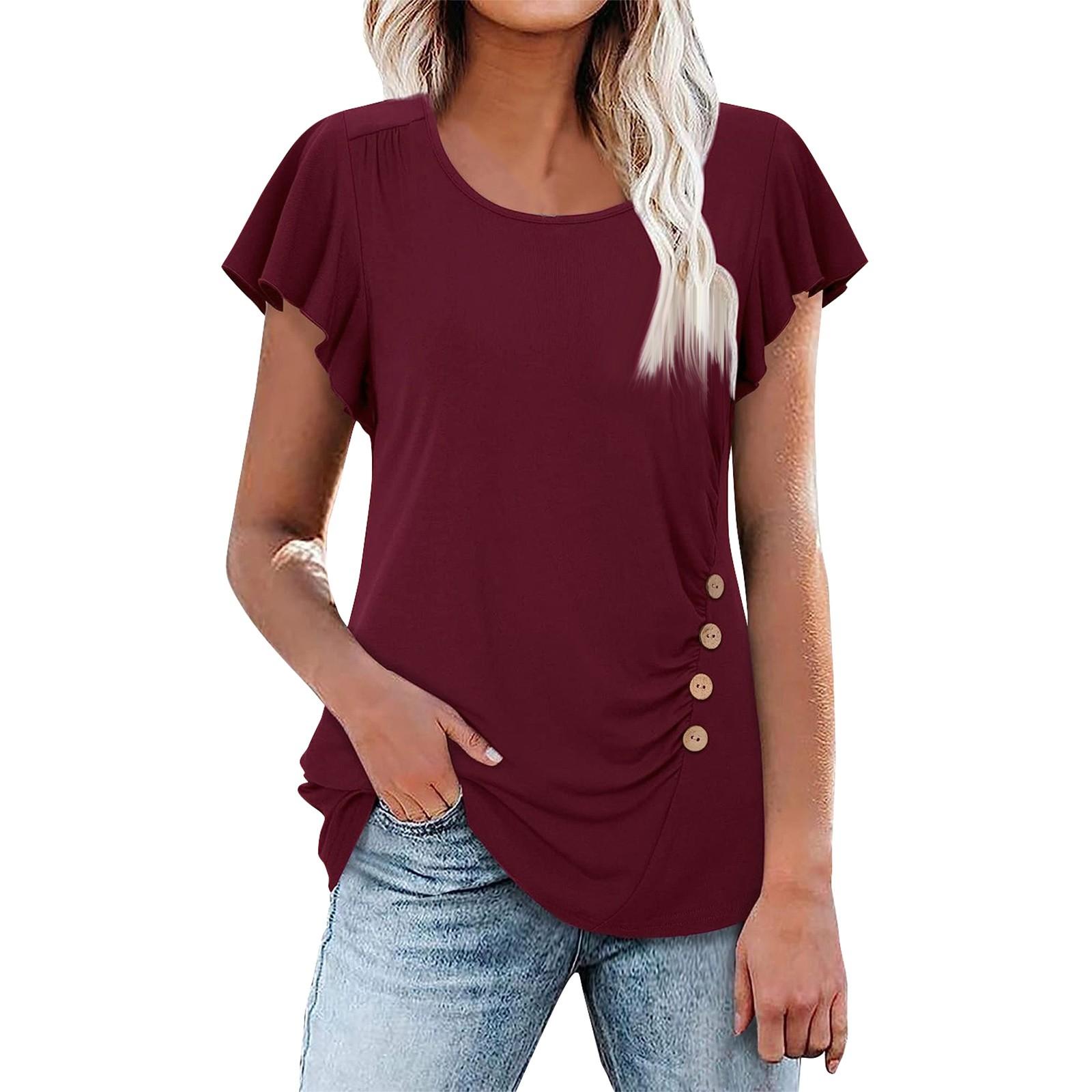 

Женские однотонные плиссированные топы с короткими рукавами, летние повседневные футболки с круглым вырезом и пуговицами на талии, топы для женщин XL винный