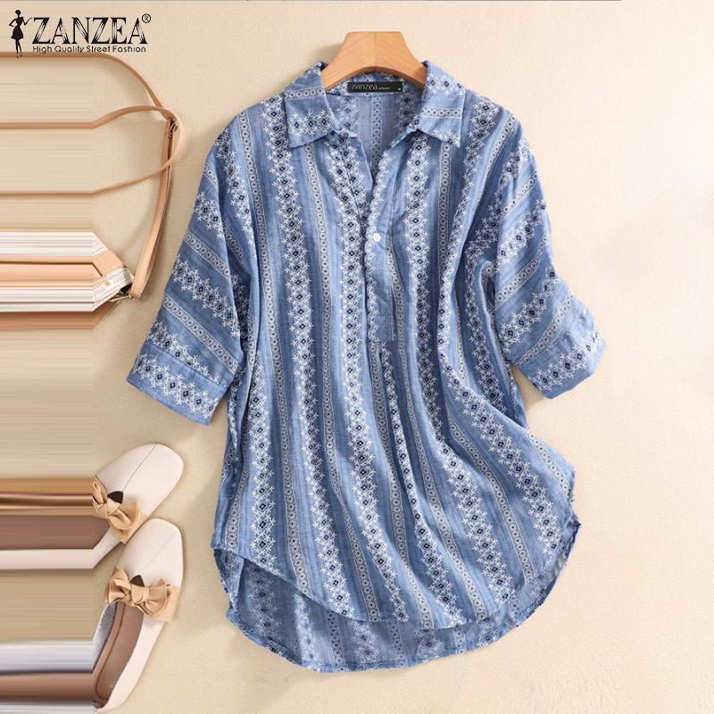 ZANZEA Women Turn Down Collar 3/4 Sleeve Loose Floral Blouse