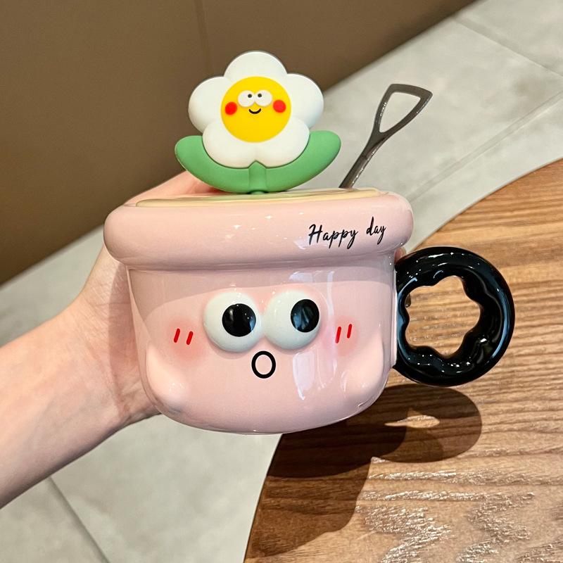 Birthday Gifts for Girls, Cute Flower-shaped Ceramic Mugs, High-value Drinking Cups with Lids and Spoons As Gifts