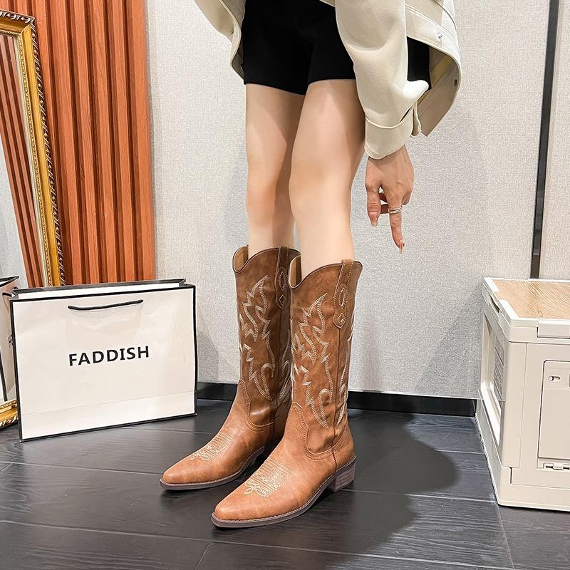 Retro Embroidered Thread Leather Western Cowboy Boots Women's Autumn New Pointed Thick Heel Sleeve Versatile Knight Boots