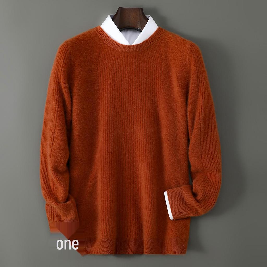 Men's High-Quality 100% Wool Round Neck Sweater, Vertical Ribbed Knit, Soft and Luxurious Thick Base Layer