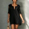Women's Casual V Neck Shoulder Cutout Short Sleeve Loose Fit Mid Length Dress with Fringe Hem and Sleeve Details for Everyday Wear