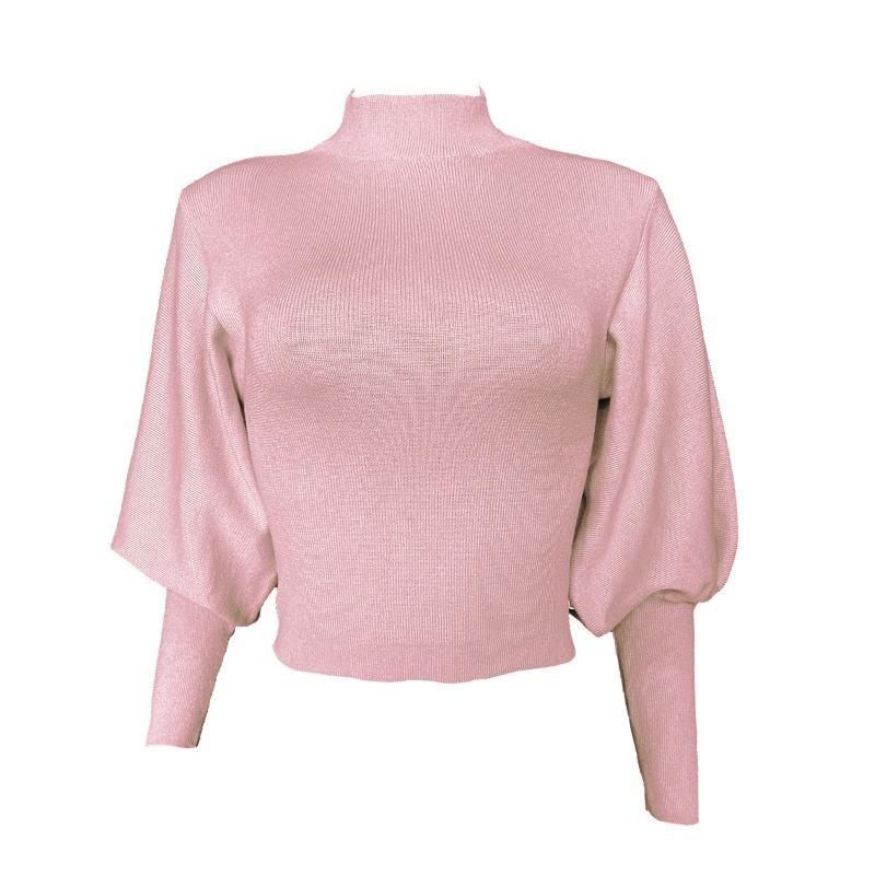 Autumn and Winter Women's Net Color Knitted Lantern Sleeve Long Sleeve Pullover Turtleneck Wool Sweater