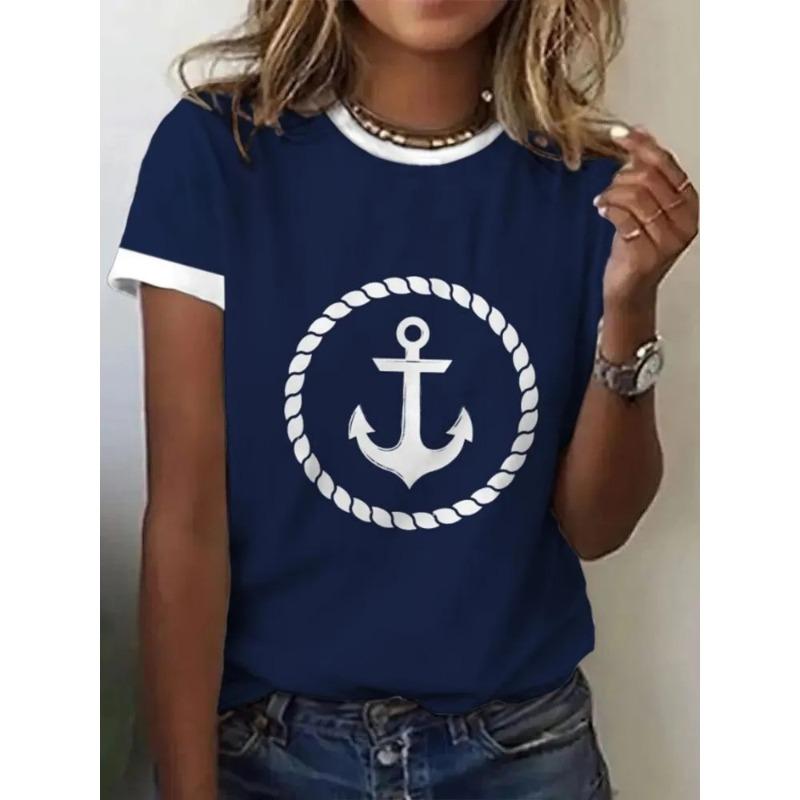 Women's 3D Printed T-Shirt Colorful Striped Boat Anchor Pattern Print Short Sleeve O-Neck Pullover Casual Top