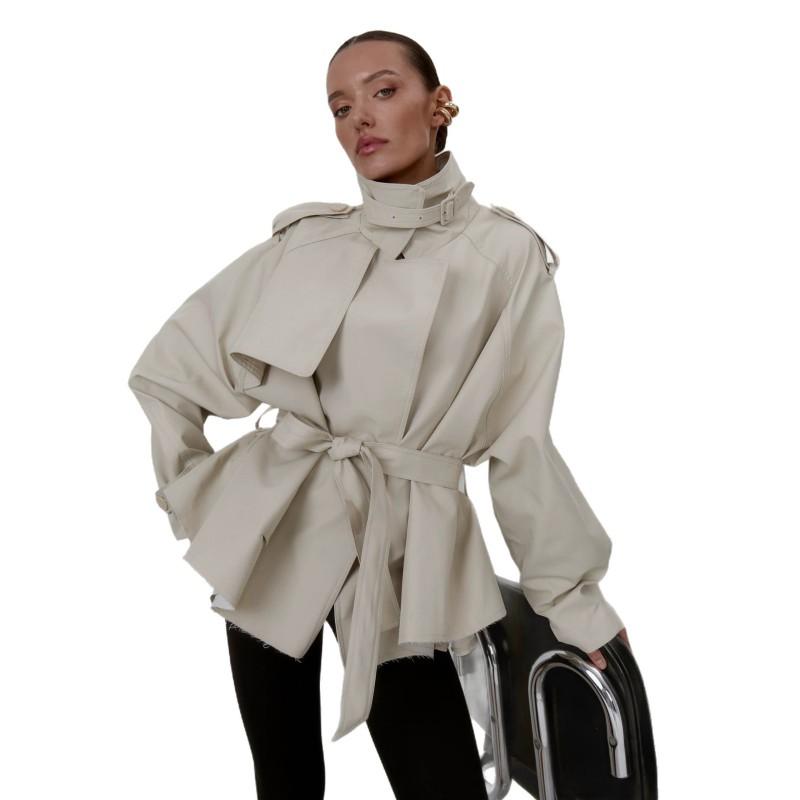 Gabardina de utilidad para mujer 2026, corte relajado, manga larga, cuello alto, con cinturón