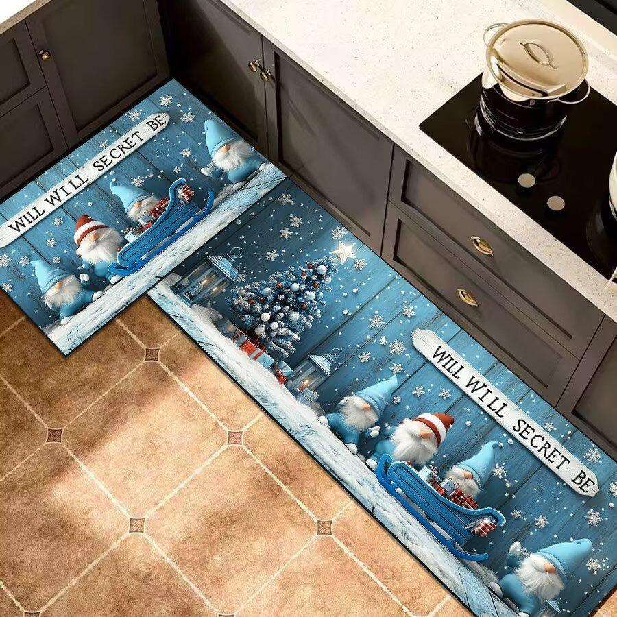 Christmas Santa Kitchen Mat Set, 2-PC Absorbent Non-Slip Floor Rugs for Holiday Decor