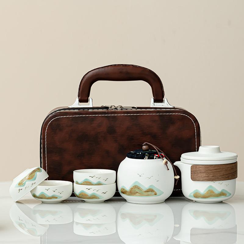 Japanese-style Ceramic Aoyama Asuka Travel Kung Fu Tea Set, One Pot of Four Cups, Outdoor Portable Storage, Office Tea