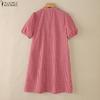 ZANZEA Women Casual Stand Collar Short Sleeve Loose Grid Print Dress