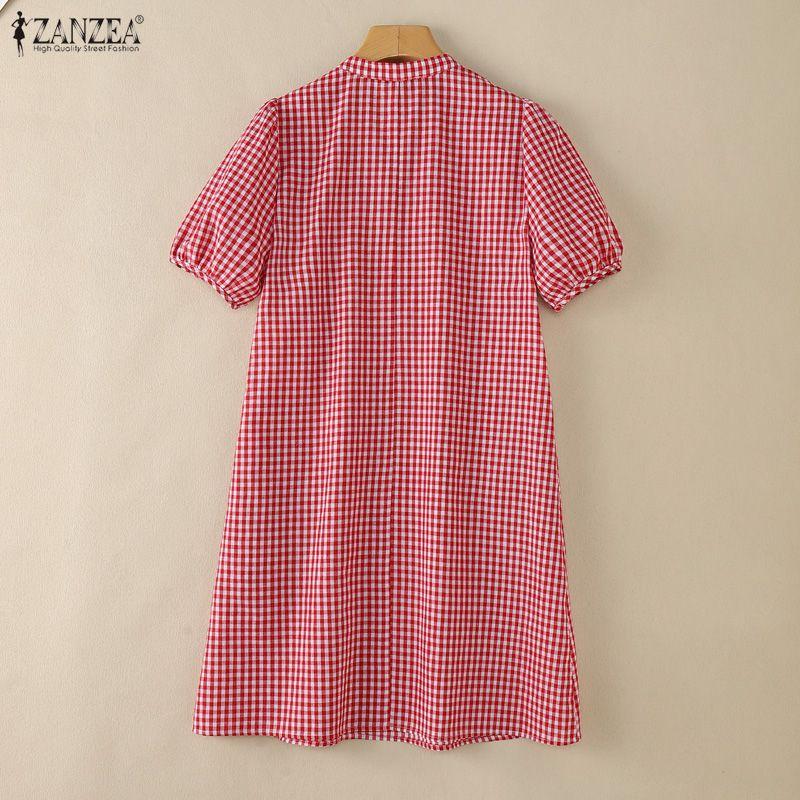 ZANZEA Women Casual Stand Collar Short Sleeve Loose Grid Print Dress