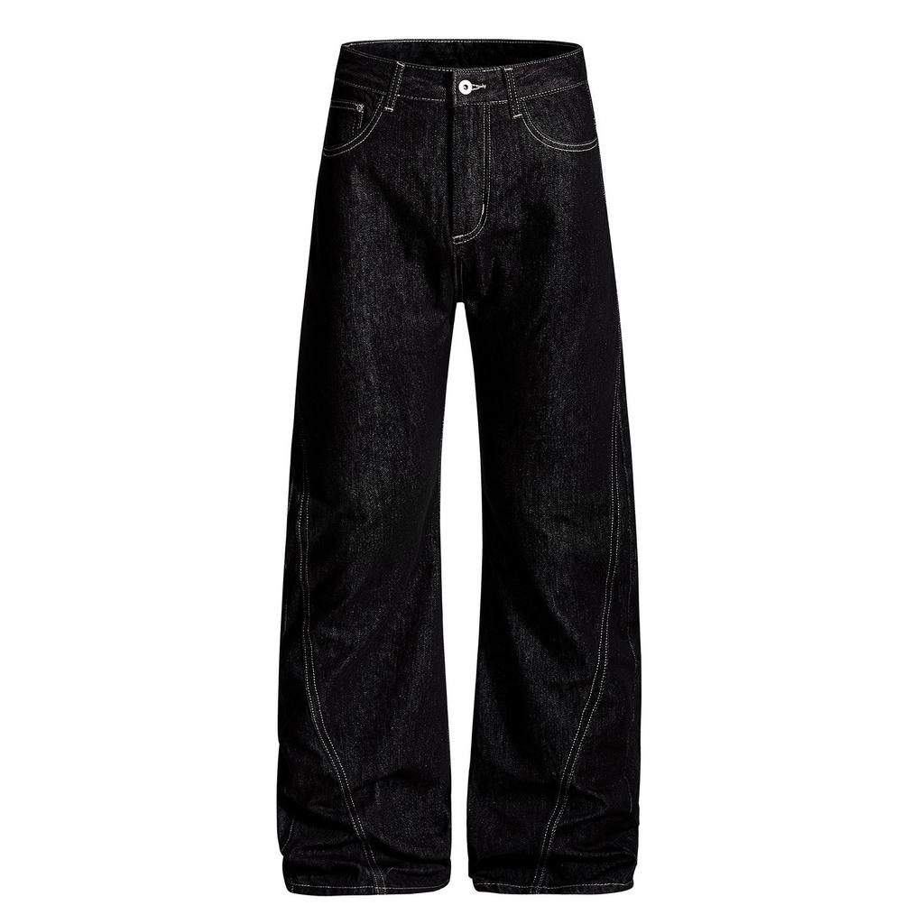 American retro original cow embroidered black jeans men's and women's niche splicing cleanfit versatile straight trousers