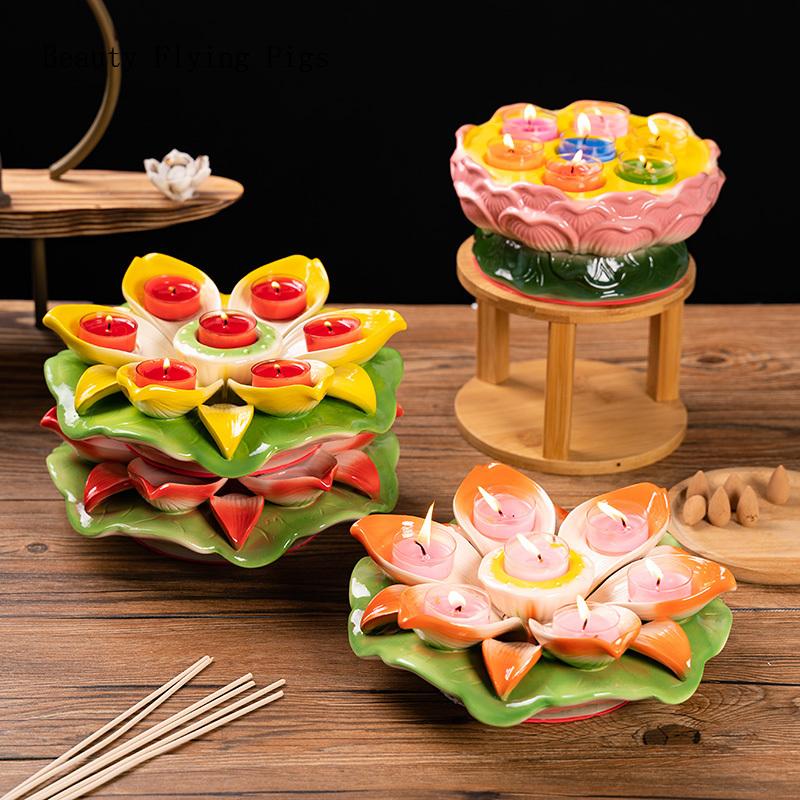 1PCS Ceramic Lotus Candlestick Household Buddha Seven Star Butter Lamp Holder Buddha Utensils