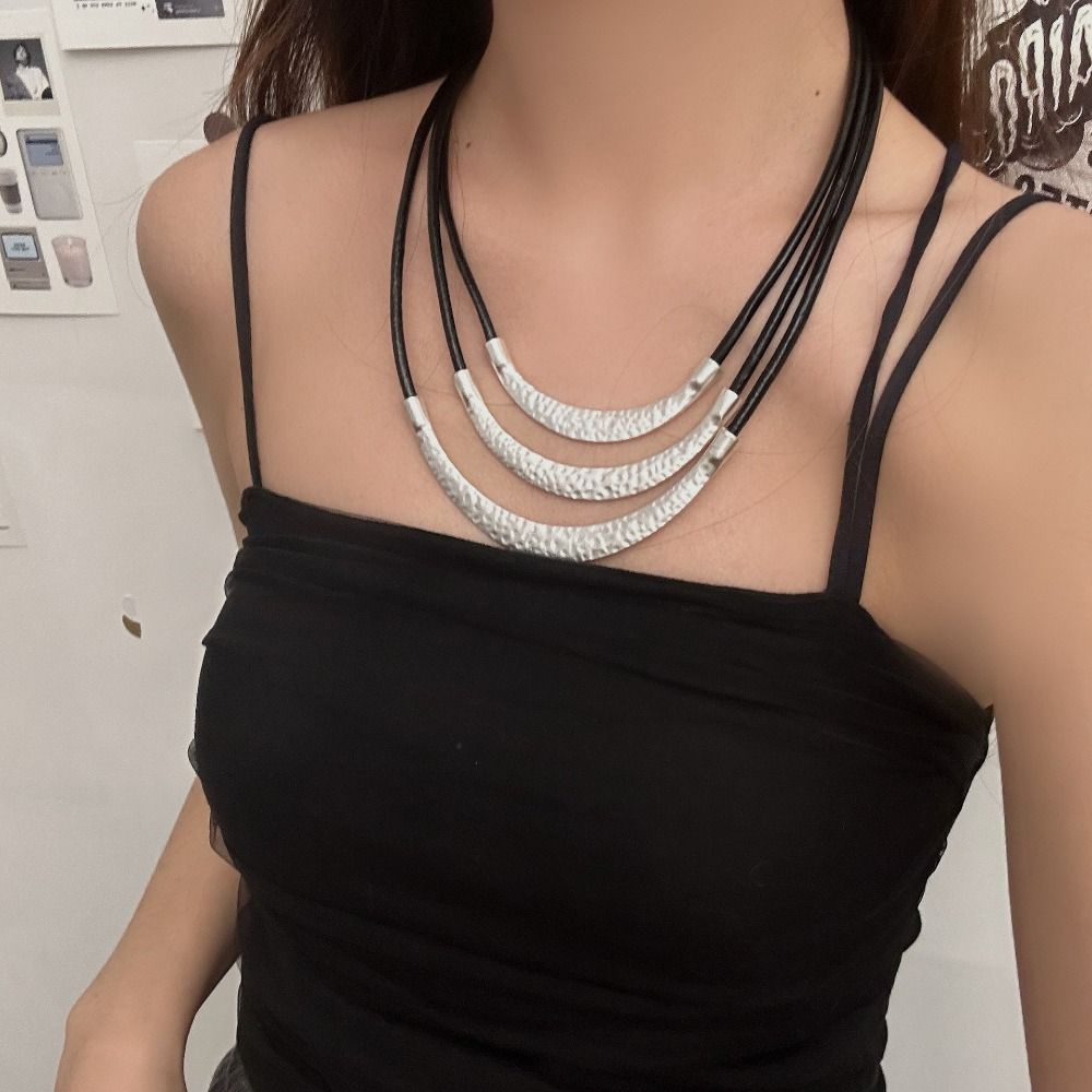 Uneven Textured Crescent Moon Necklace Simple Multilayer Necklace Unique Metal Necklace  Gift
