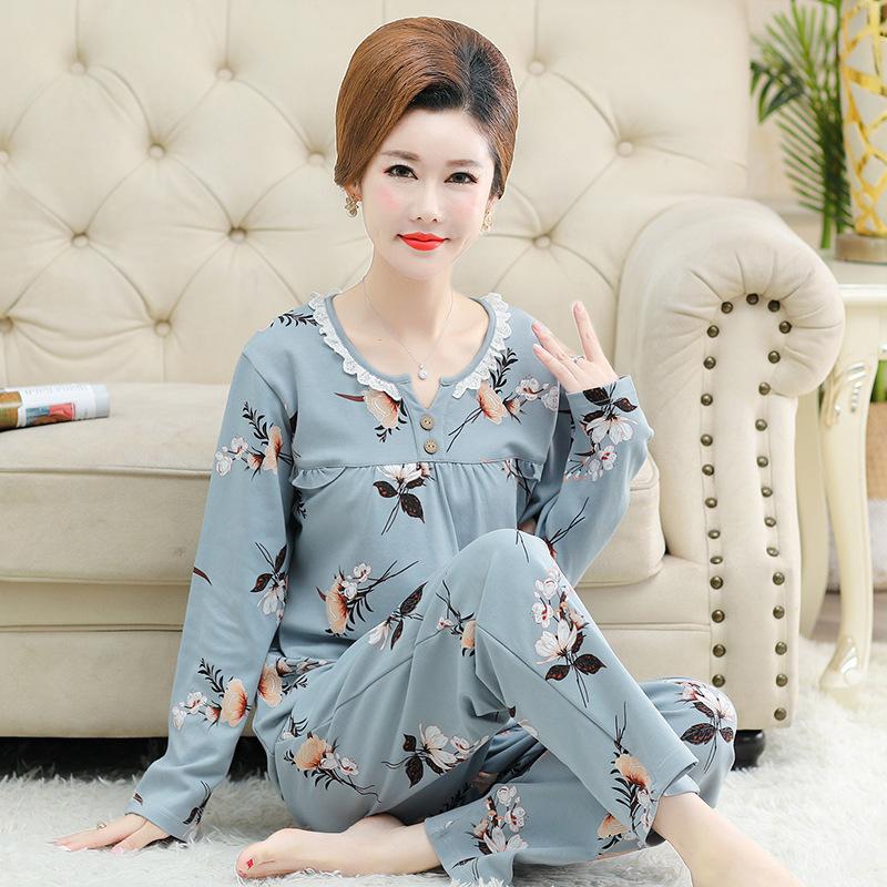 Spring Autumn Women's Pullover Pajamas Loose and Comfortable Middle-aged Cotton Long-sleeved Trousers Home Set