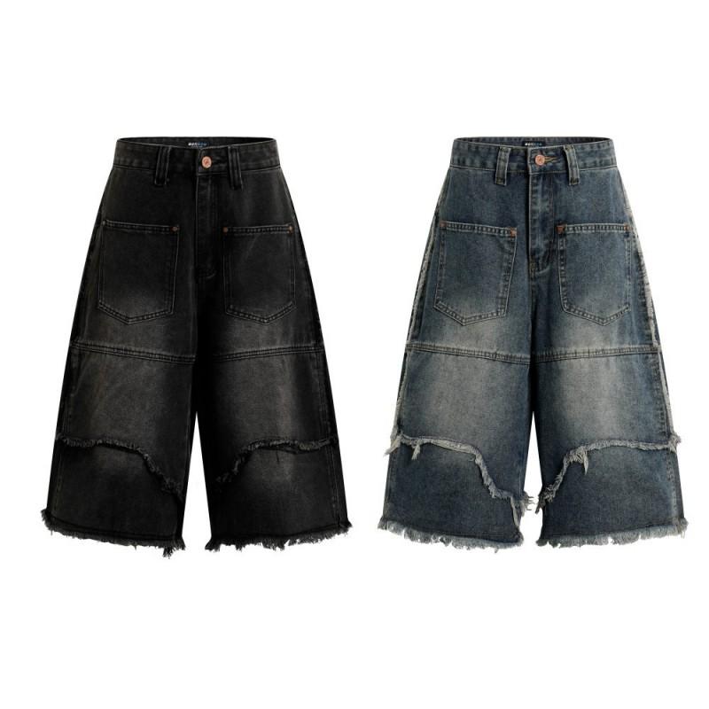 Mens Vintage Distressed Denim Shorts Loose Straight Leg Streetwear High Street Style