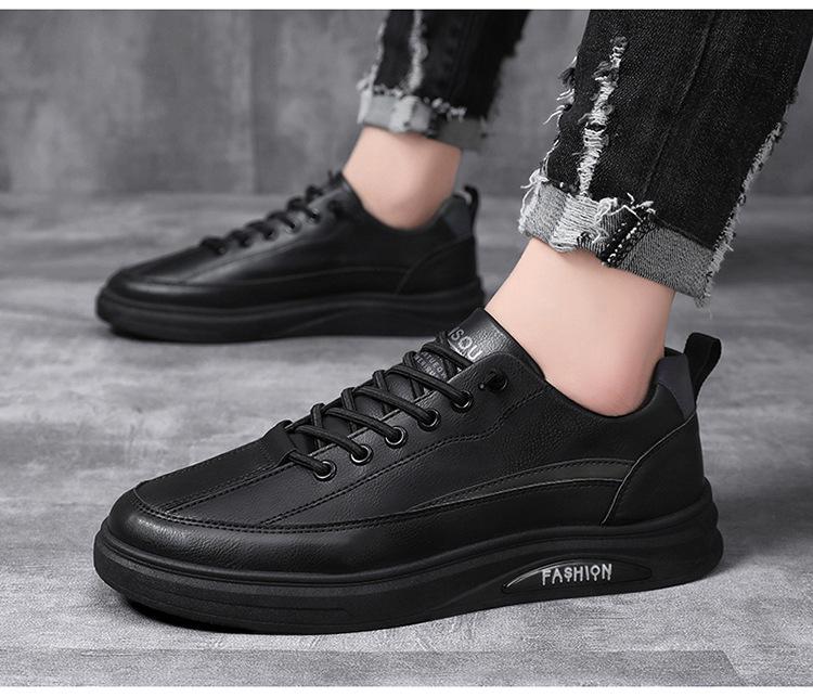 New Men's Autumn Breathable Waterproof Non-slip Black Leather Casual Sneakers