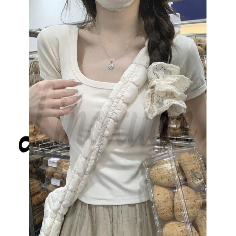 

Spring/Summer Korean Style Slim Fit Square Neck Casual Pure Cotton T-shirt Large (L) абрикосовий