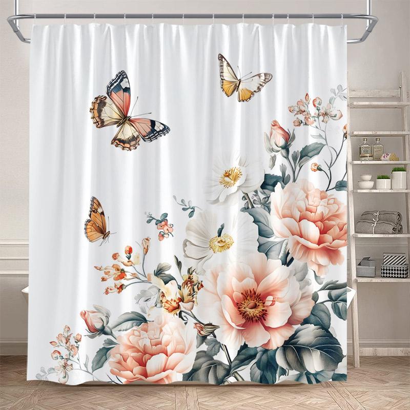 

Розовые Розы Цветочные Шторки для Душа Натуральные Зеленые Растения Цветы День Святого Валентина Занавеска для Ванной Современная Тканевая Декор для Ванной Комнаты с Крючками 90x180cm-35x70in