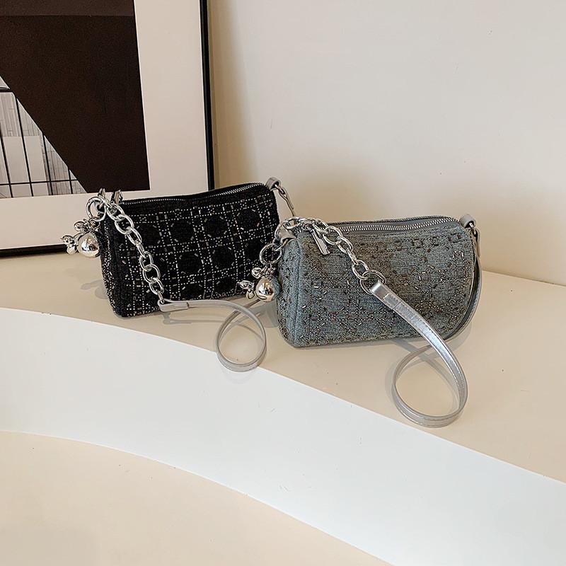 IELGY Small Square Bag Retro Rhinestone Denim Bag Shoulder Messenger Pillow Bag