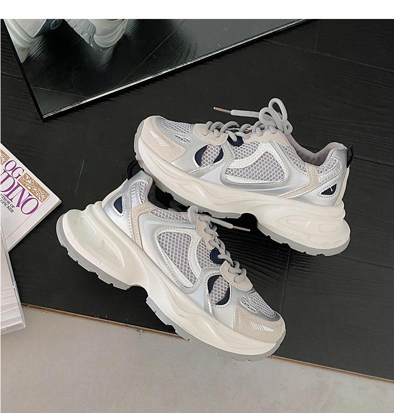 

Серые корейские универсальные и легкие спортивные туфли на толстой подошве для женщин, лето 2025, новые туфли, показывающие ноги, маленькие, в гонконгском стиле, для папы 40 серый