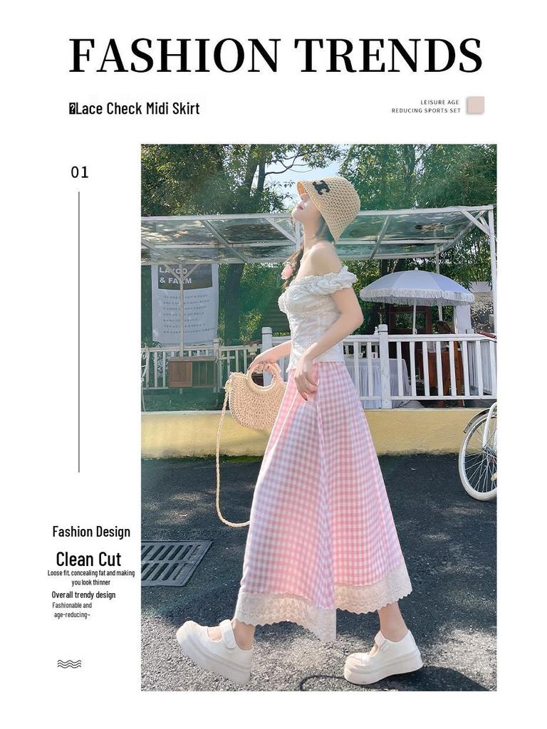 Women's High Waist Checkered Lace Trim A-line Midi Skirt (2025)