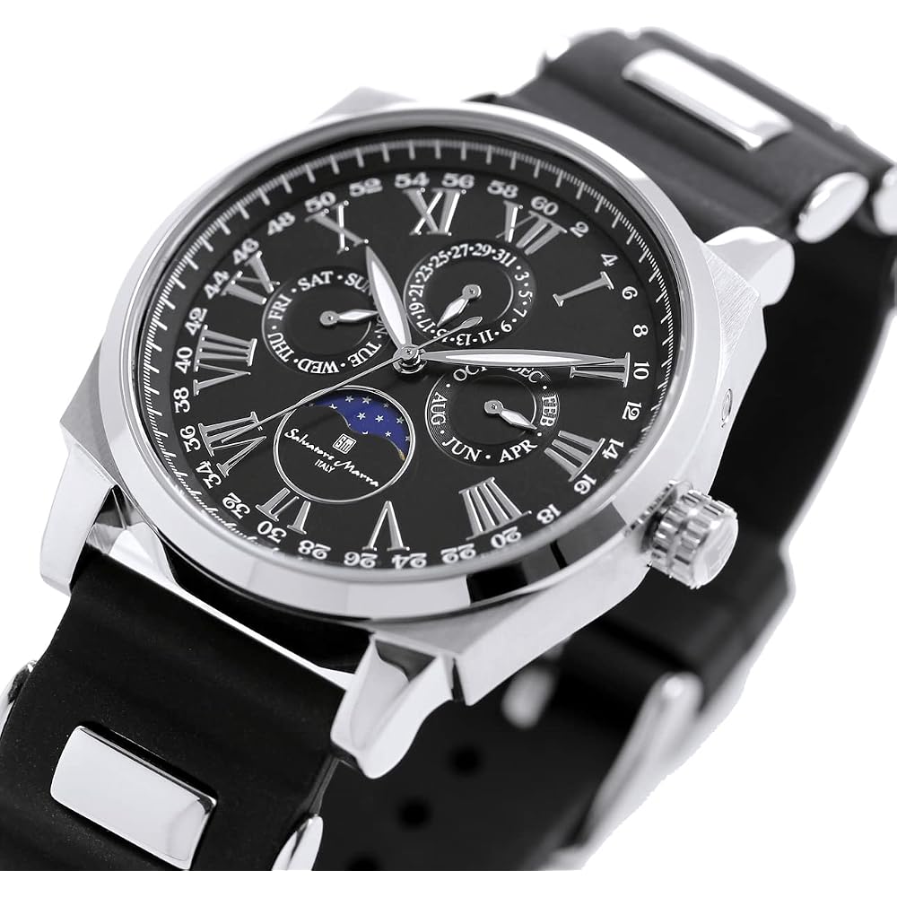 Salvatore Marra Moon Phase Multi-Calendar Men's Watch 5 ATM Water Resistant Rubber Strap Black Silver SM22105R-SSBK