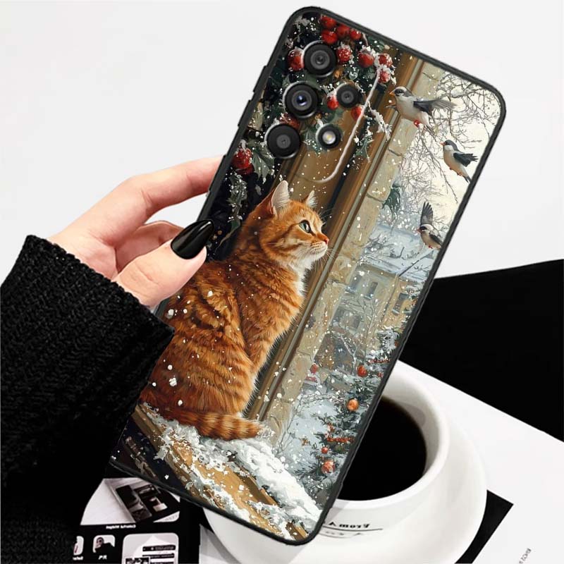 Cute cartoon cat illustration Phone Case For Samsung A73 A72 A71 A55 A54 A53 A52 A51 A13 A22 A16 A15 A12 A14 A26 A07 5G Black