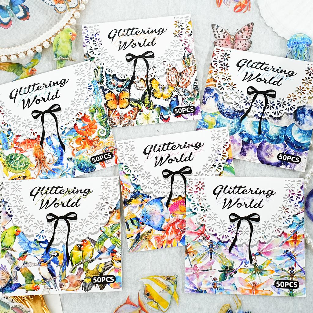 50 Sheets Underwater Animal Theme PET Sticker DIY Handbook Scrapbooking Journal Glass Bottle Photo Frame Decorative Stickers