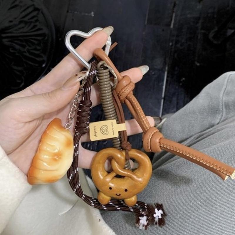 Bagel Pretzel Chocolate Bag Charm Pendant Keyring Braided Rope Keychain Charm for Backpack Purse Handbag Decorations