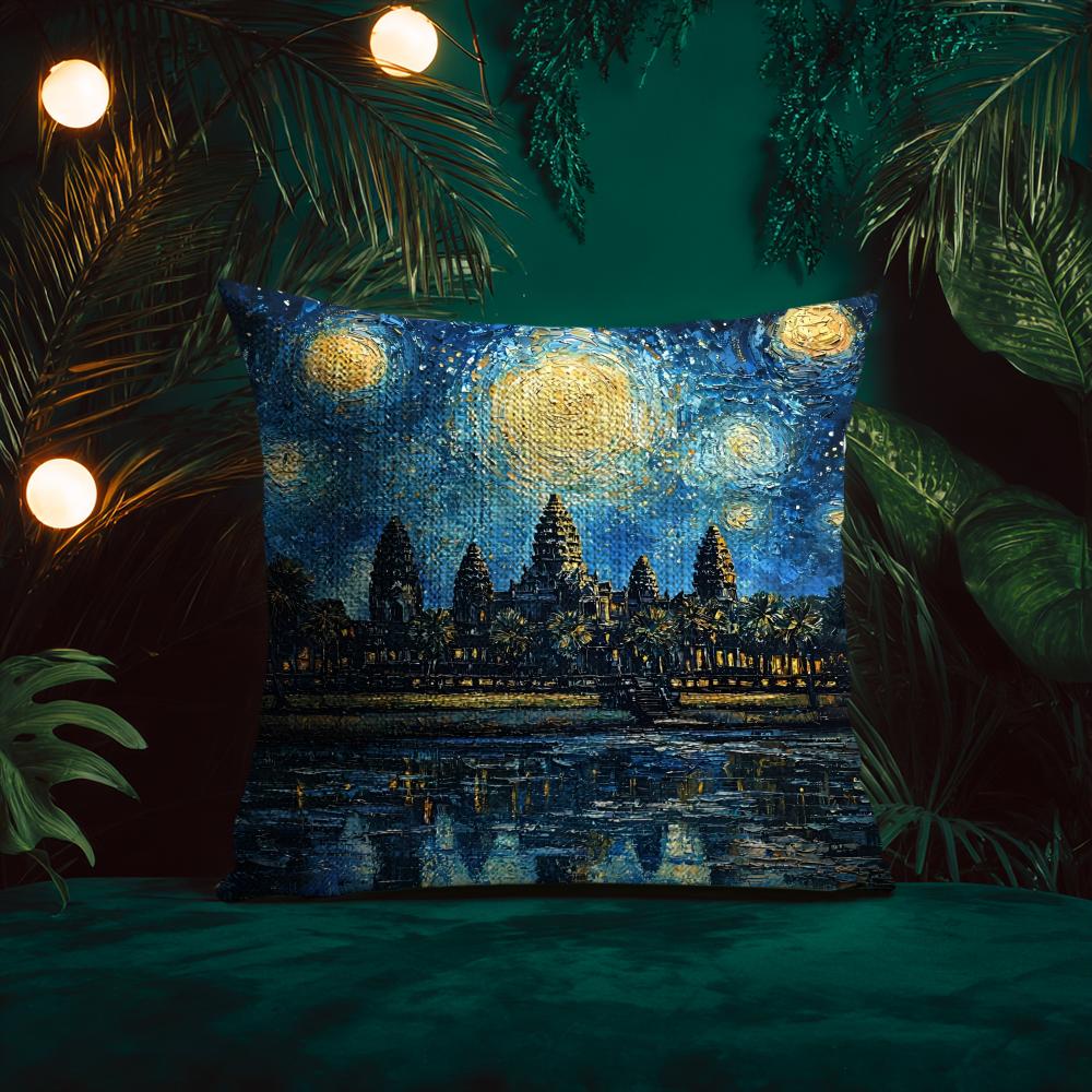 Oil Painting Artwork Angkor WatW Cushion Cover Silky elegant Comfort Sofa Bed Invisible zipper Beach pillowcase