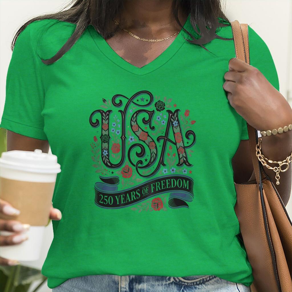 Retro Independence Day T-shirts Short Sleeve V-neck Tops USA Floral Retro Design Shirt USA 250th Anniversary T-shirt