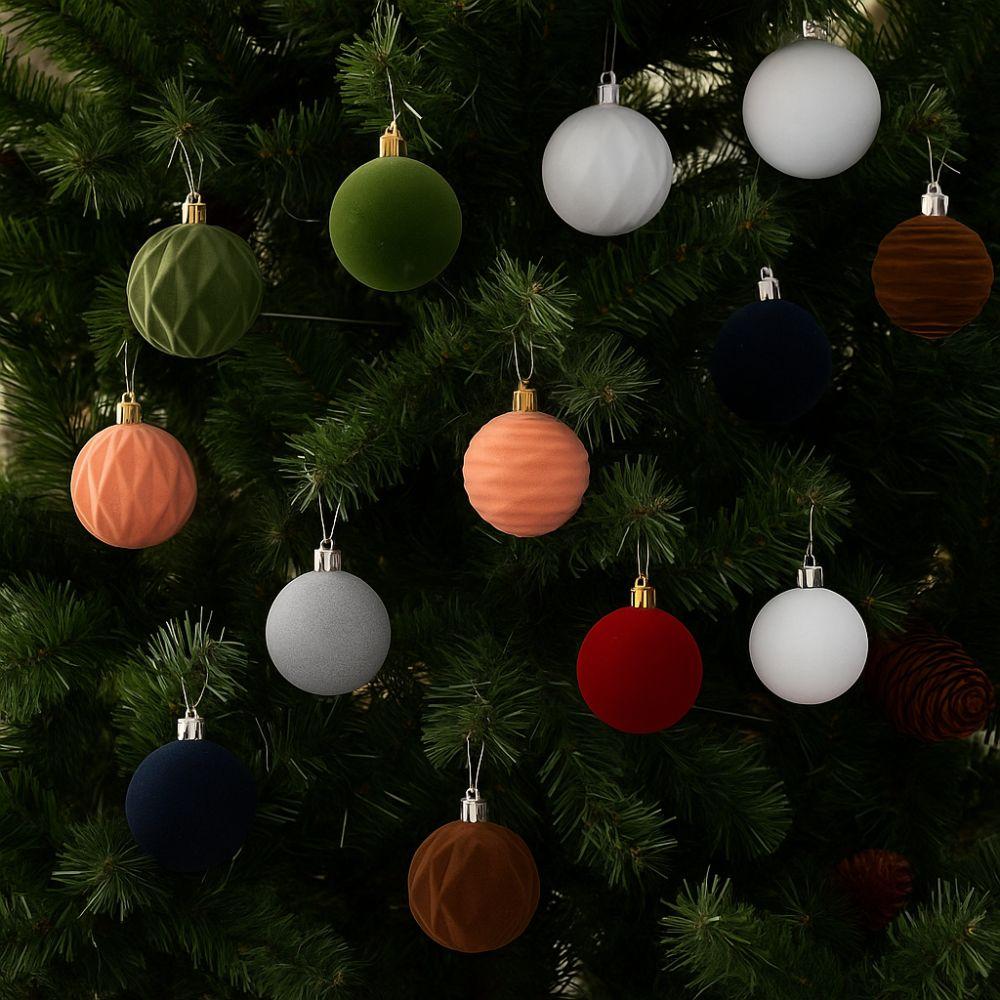 12pcs 6cm Christmas Tree Ball Pendant Flocked Xmas Tree Ornaments Christmas Spheres  New Year Noel