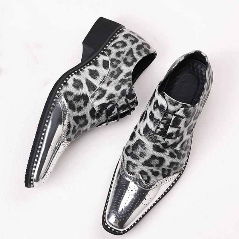 Designer Brand New Men's gold silver Pointed Lace Up Leopard Patent Leather Flats Shoes Homecoming Wedding Formal Dress Footwear