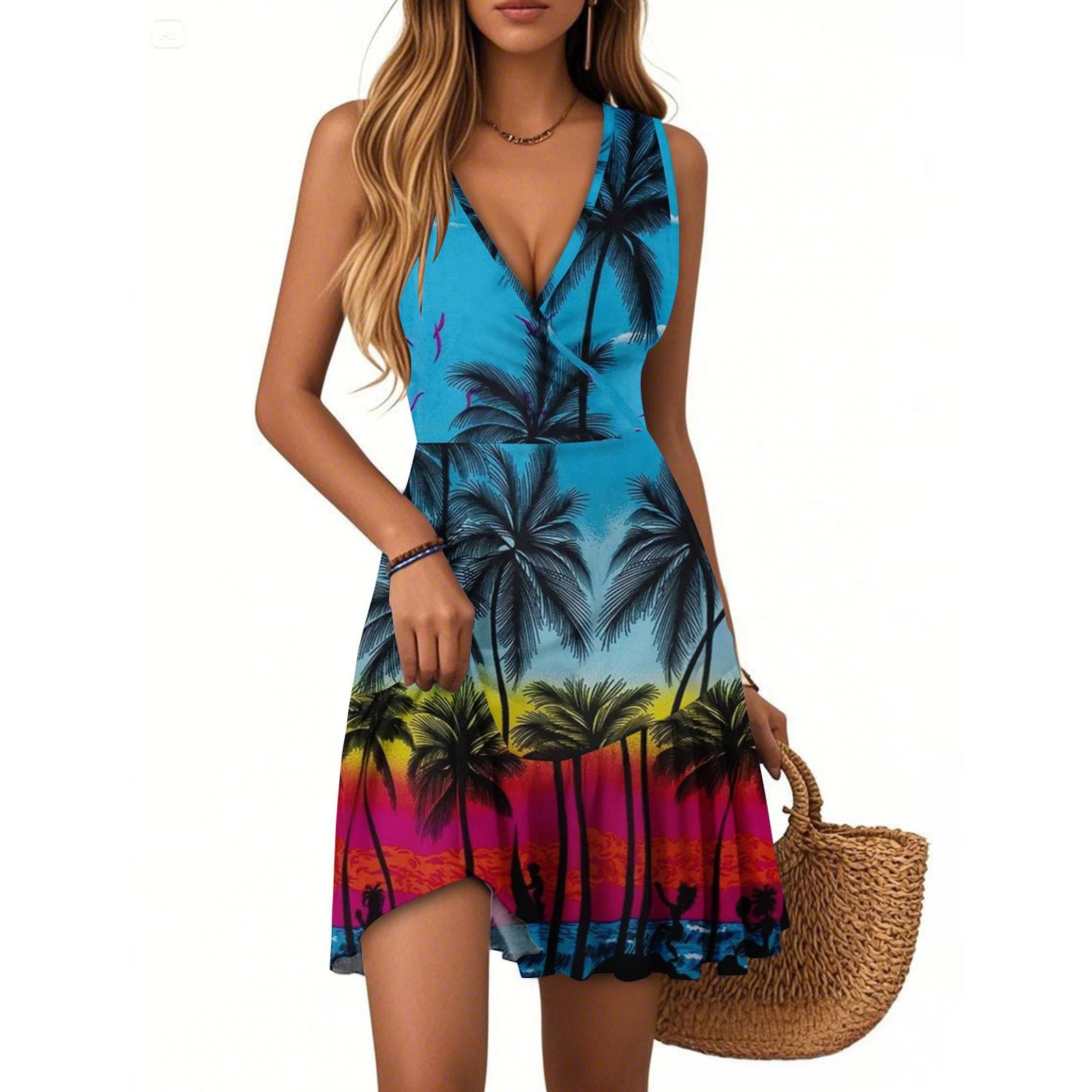 

Женское летнее платье с V-образным вырезом, без рукавов, повседневное, с гавайским принтом, плиссированное по подолу L синий