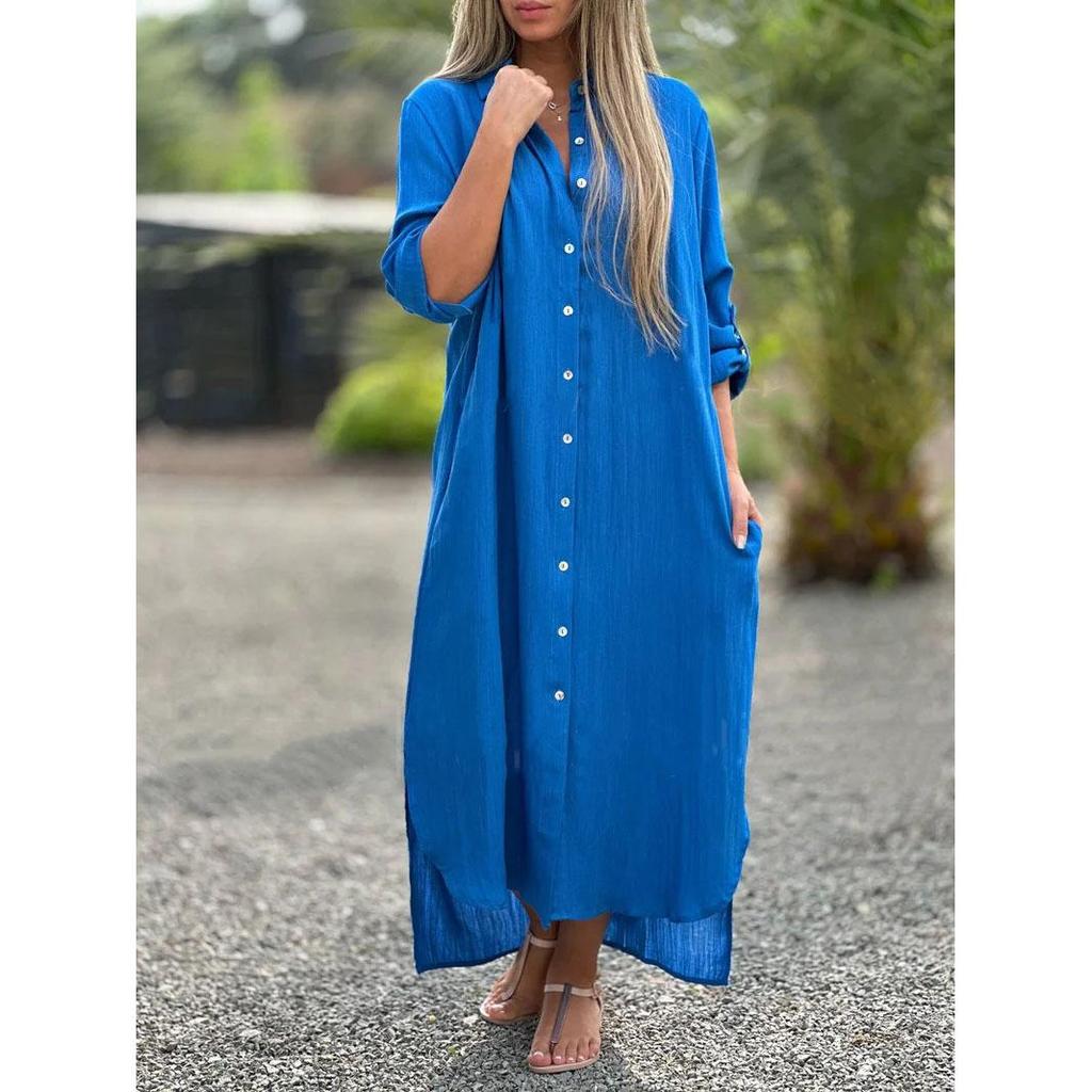Autumn Women's Dress Cotton Linen Shirt Long Skirt Fashionable Single Breasted Casual Long Sleeved Cardigan Dress