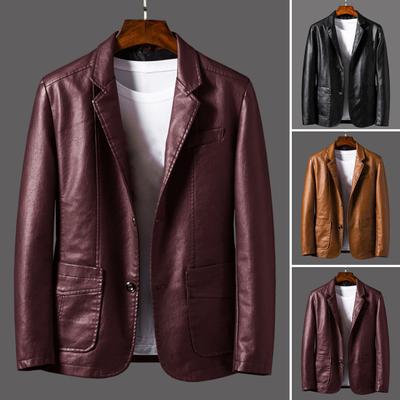 Men Jacket Lapel Long Sleeve Single Breasted Faux Leather Coat with Pockets Loose Fit Solid Color Outwear